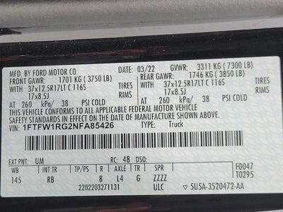 2022 Ford F-150 RAPTOR 4WD SUPERCREW 5.5' BOX ** 801A ** 37 PERFORMANCE PACKAGE ** MOONROOF & TAILGATE **