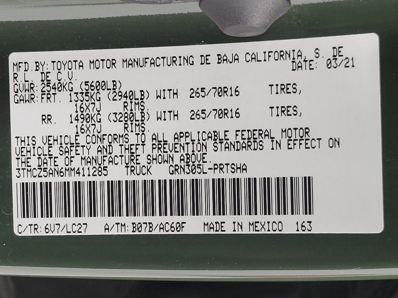 2021 Toyota Tacoma 4WD TRD Off Road Double Cab 5' Bed V6 AT