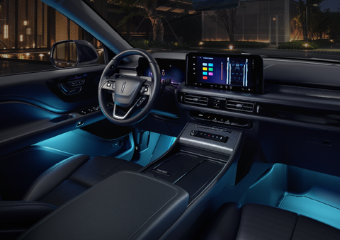 Deep blue ambient lighting glows from various places within a 2025 Lincoln Aviator® SUV. | Bergstrom Lincoln of Neenah in Neenah WI